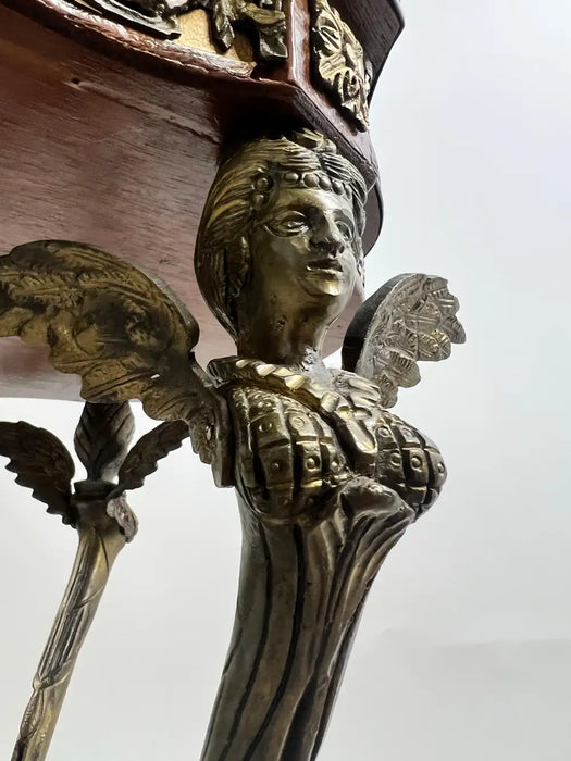 French Empire Louis XV Style Winged Angels Bronze Inlaid Gueridon Pedestal Table