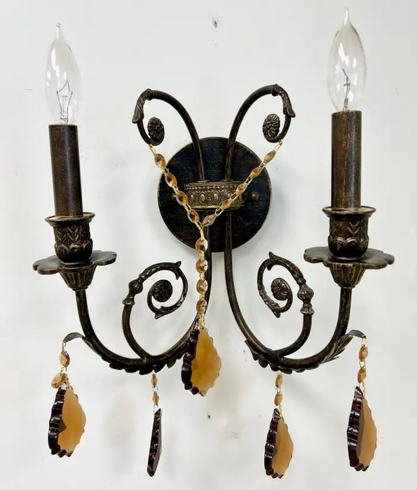 French Rococo Revival Cast Metal Bronzed Wall Sconce w Amber Crystal, Set of 4