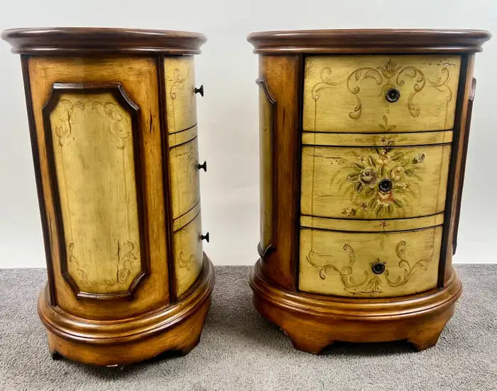 Louis XV Style French Provincial Hand Painted Oval Shaped Nightstand, a Pair