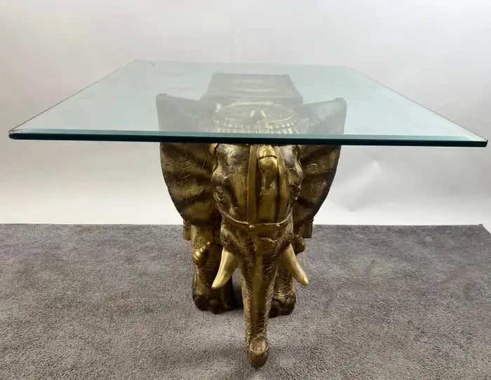 Large Sculptural Elephant Table Base in Carved resin w Antique Gilt Finish