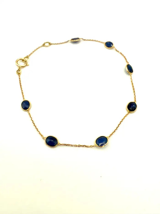 2.5 Ct Oval Cut Blue Sapphire Station Chain Stackable Bracelet 18K Yellow Gold