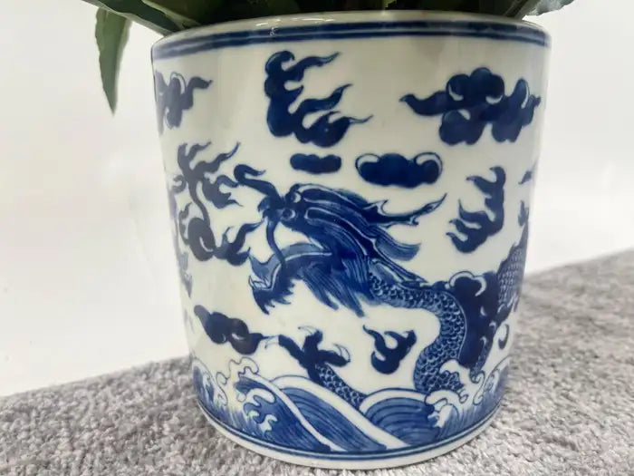 Chinese Qing Dynasty Style Blue & White Dragon Motif Porcelain Planter