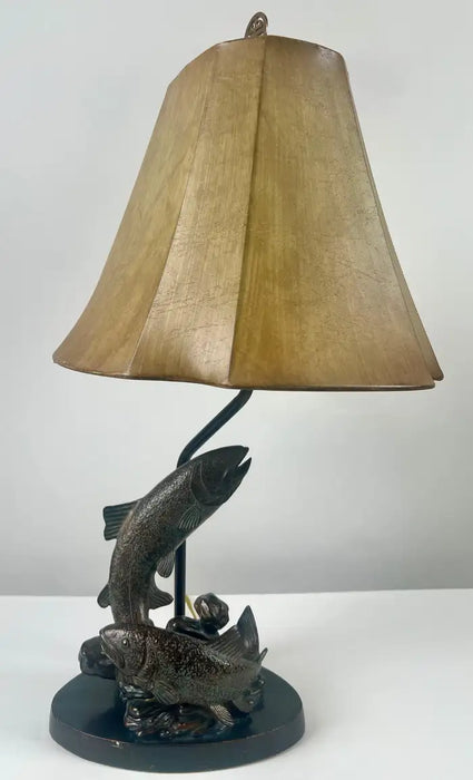 Rustic Style Flying Trout Table Lamp with Bronzed Base and Faux Leather Shade