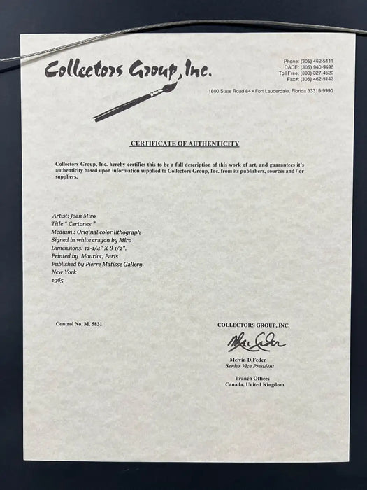 Joan Miro Cartones 1965 Original Color Lithograph Hand Signed Mourlot Paris, COA 1965