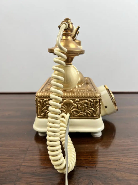 Vintage French Style Brass Rotary Telephone with Ornate Repoussé Cream Enamel Base