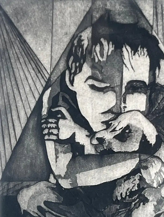 Figurative Abstract Etching on Paper Titled Companions by Jospeh Passalacqua 1950's