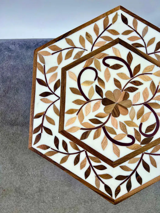 Moroccan Boho-Chic Handmade Walnut & Resin Inlay Hexagonal Side or End Table