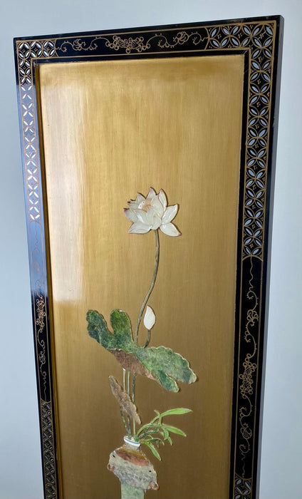 Asian Oriental Gold and Ebony Wall Panel with flowers and Vases Design, a Pair