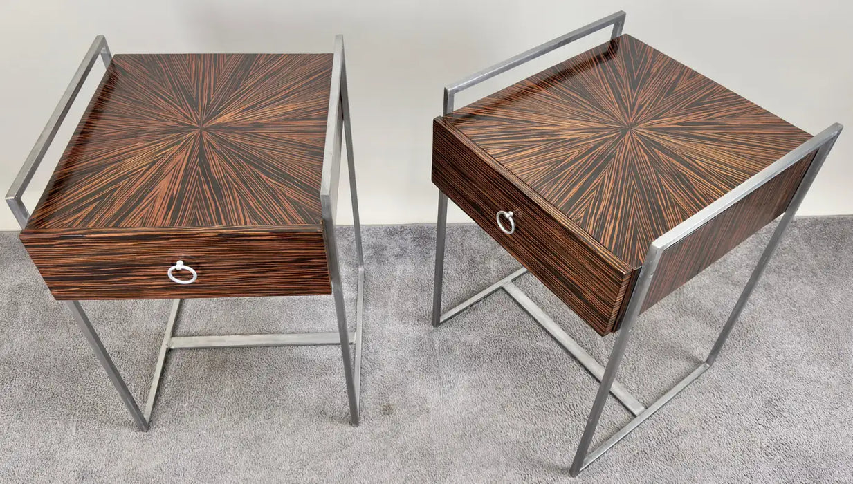 Mid-Century Modern Macassar Zebra Design & Iron Nightstand or End Table, a Pair