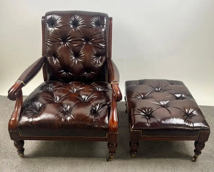 Chesterfield English Style Tufted Leather Library Chair & Ottoman by Hickory