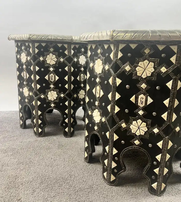 Moroccan Black & White Bone with Filigree Inlay Octagonal End Table, a Pair