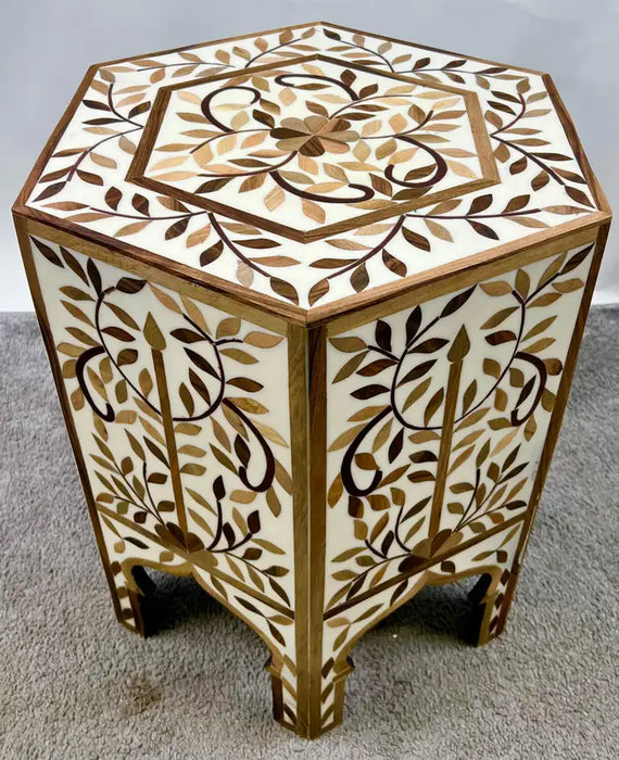 Moroccan Boho-Chic Handmade Walnut & Resin Inlay Hexagonal Side or End Table