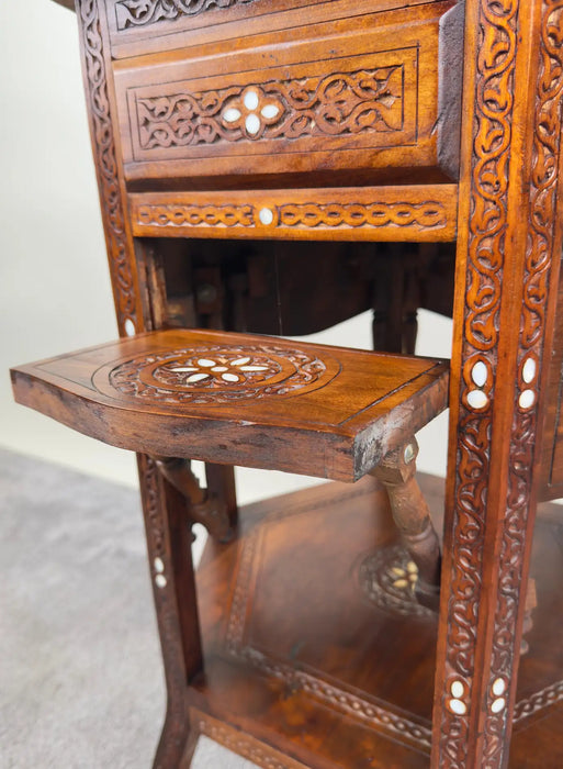 Vintage Syrian Hexagonal Walnut and Bone inlay Hand -Carved Center of End Table