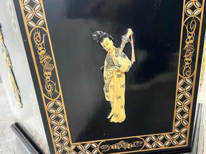 Asian Black Lacquer Hexagonal Side Table with Hand-Painted Gold & Figural Pane