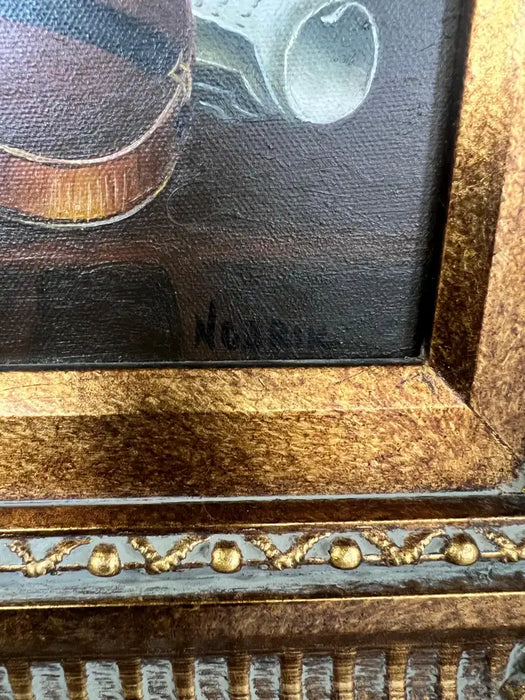 Still Life Violin & Sheet Music Oil on Canvas Signed Hessler, Framed 1900's