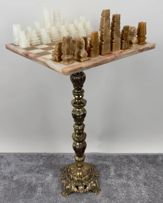 Victorian Revival Chess Table & Pieces with Marble Top & Bronze Base