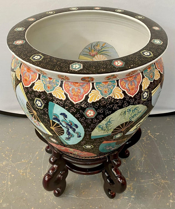 Chinese Ceramic Large Fish Bowl Jardiniere or Planter with Carved Wood Stand