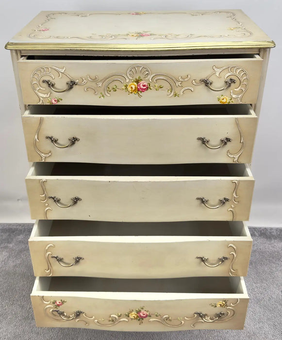 French Provincial Style Highboy Chest of Drawers or Dresser with Floral Design