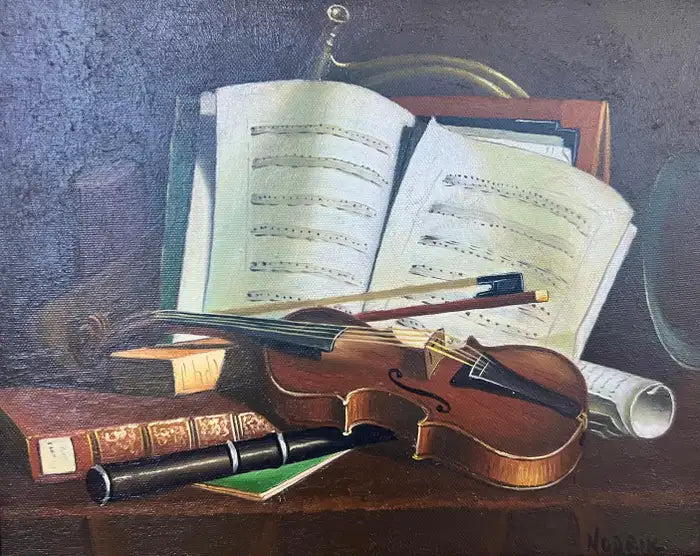 Still Life Violin & Sheet Music Oil on Canvas Signed Hessler, Framed 1900's