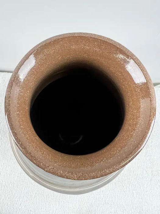 Vintage Handmade Pottery Vase with Blue & Earth-Tone Swirl Glaze