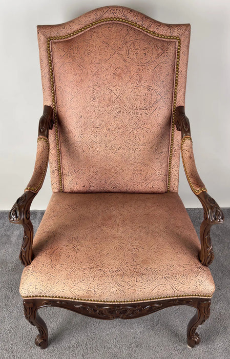 French Louis XV Style Mahogany Armchair with Embossed Salmon Pink Leather