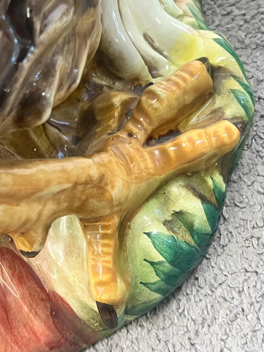 Vintage Hand-Painted Italian Majolica Ceramic Fighting Rooster Sculpture, a Pair 1980's