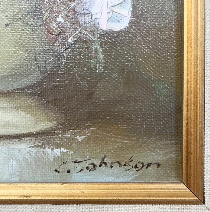 Still Life Flowers Oil on Canvas Painting in Custom Gilt Frame, Signed C.Johnson