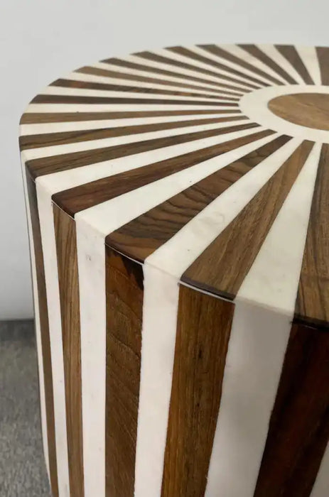 Art Deco Style Brown & White Cylindrical Walnut Resin End Table or Stool, a Pair