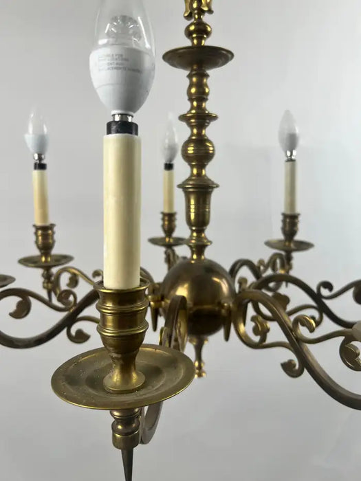 French Louis XVI Revival Style Brass Chandelier - 6 Arms