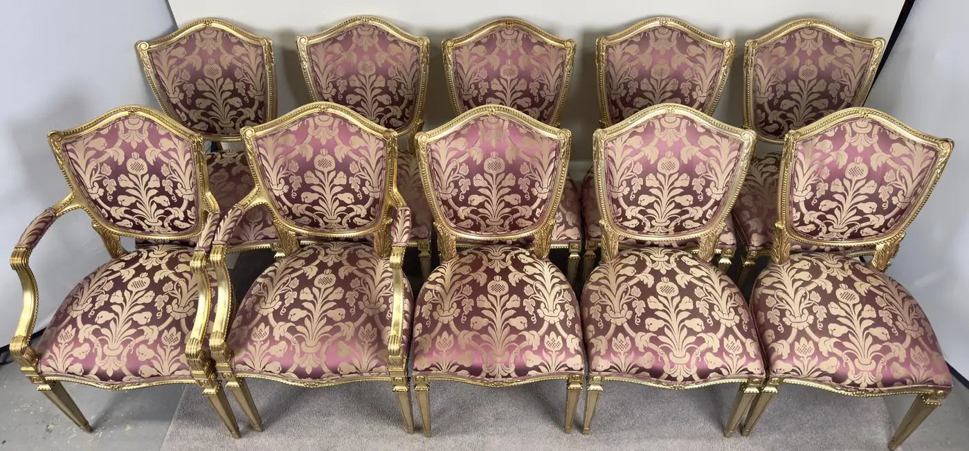 French Louis XVI Style Gilt & Plum Damask Pattern Upholstery Dining Chairs 10pcs