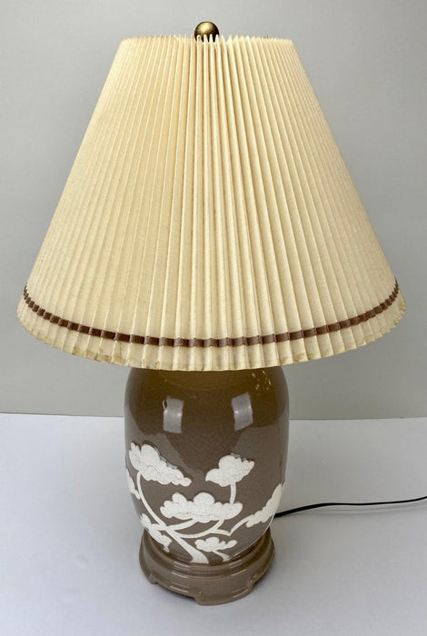 Asian White Bonsai Tree Design Taupe Ceramic Table Lamp, a Pair