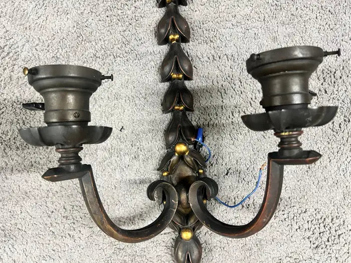 Art Nouveau Two Arms Bronze w Frosted Milk Glass Shades Wall Sconce, a set of 3