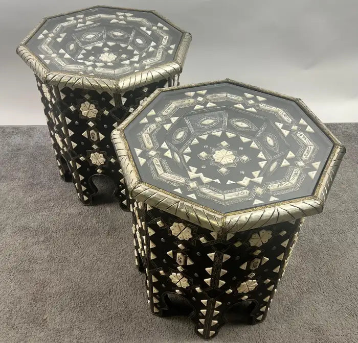 Moroccan Black & White Bone with Filigree Inlay Octagonal End Table, a Pair