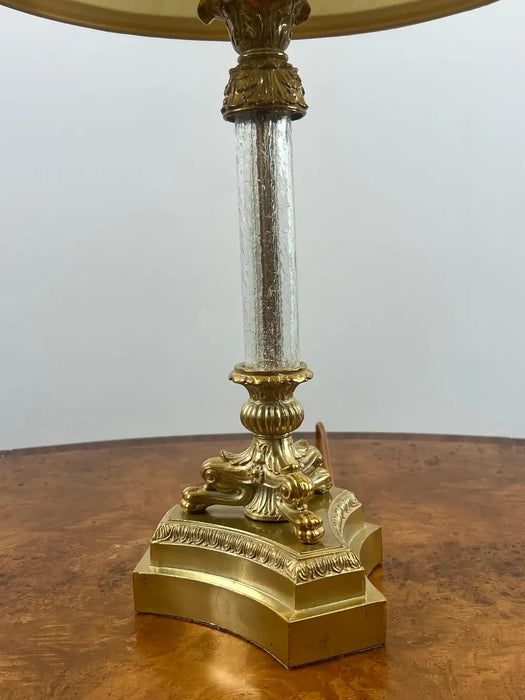 Vintage Empire Style Brass Fluted Crystal Column Table Lamp 1970's , a Pair