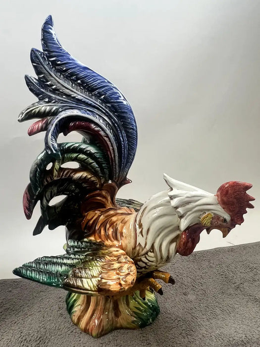 Vintage Hand-Painted Italian Majolica Ceramic Fighting Rooster Sculpture, a Pair 1980's