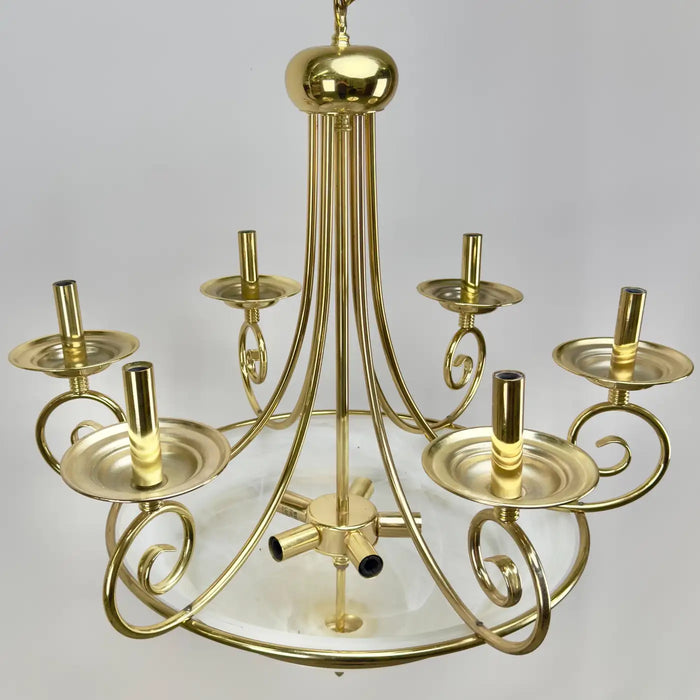 Art Deco Brass Chandelier with White Milk Frosted Glass Bottom Bowl, 6 Arms