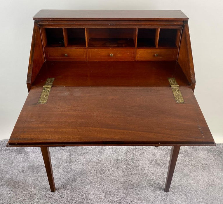 Antique English Edwardian Mahogany Inlaid Secretary Slant Front Desk & Chair