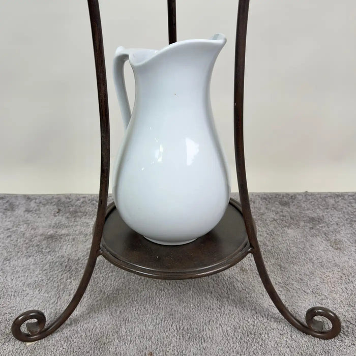 English Victorian Wrought Iron Wash Stand with Oval Mirror, Basin and Pitcher