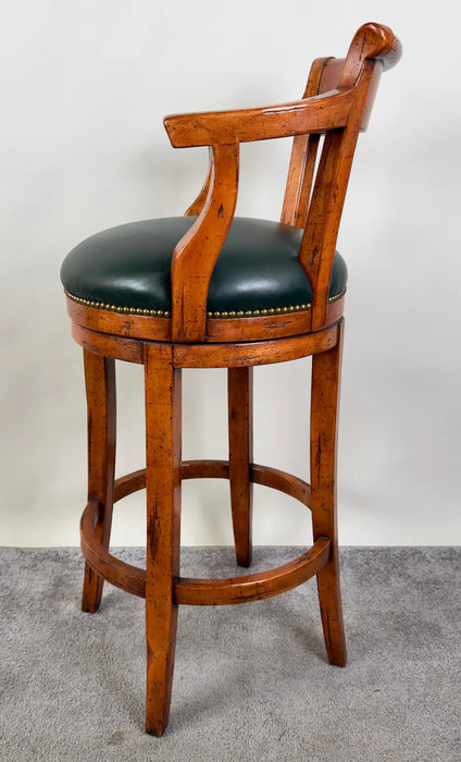 Biedermeier Style Oak Wood Swivel Bar Stool with Green Leather Seat, a Pair