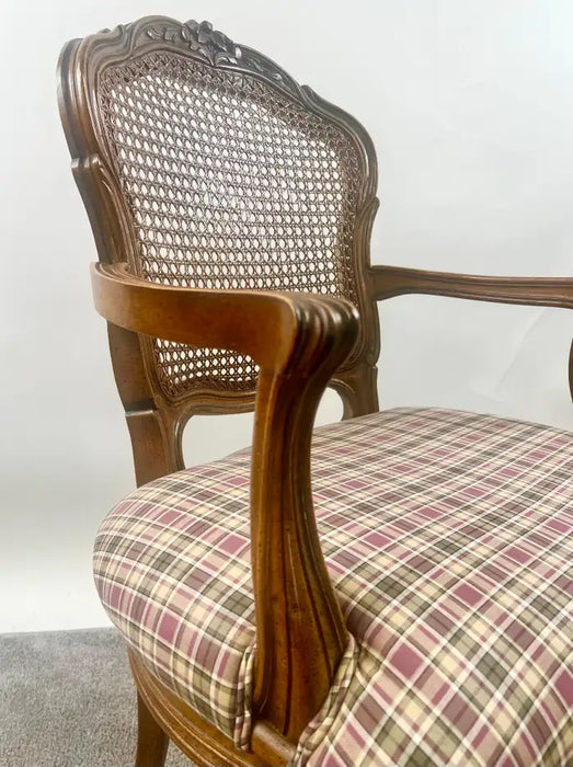 French Provincial Louis XV Style Cane Back with Plaid Upholstery Chair, a Pair