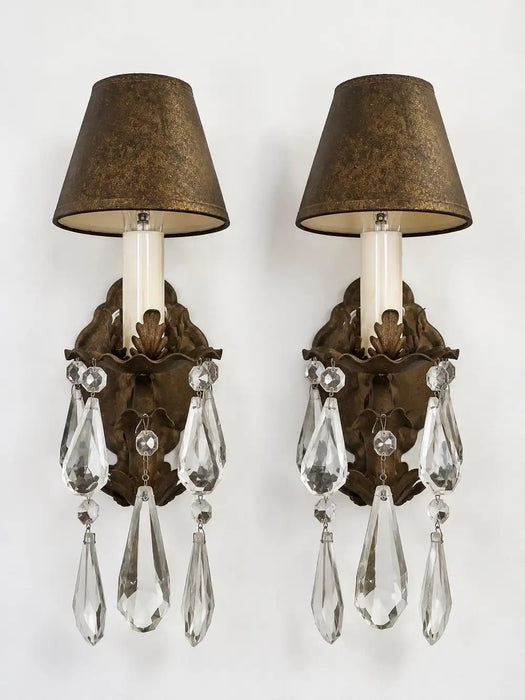 French Regency Style Bronze Wall Sconces with Crystal Drops and Shades, a Pair