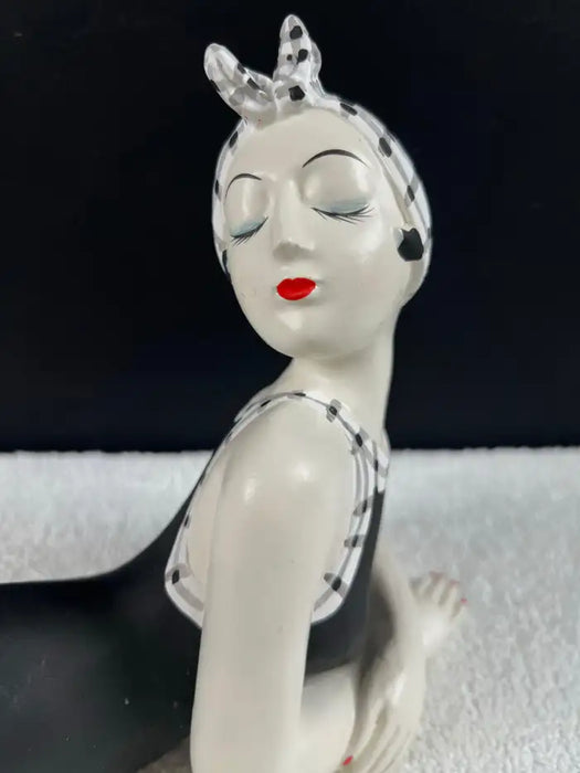 French Style Bathing Beauty Resin Figurine in Black & White Gingham Swimsuit