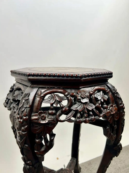 Antique Chinese Rosewood Hand Carved Octagonal w Marble Insert Pedestal or Table