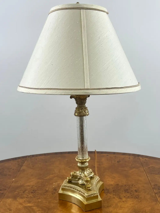 Vintage Empire Style Brass Fluted Crystal Column Table Lamp 1970's , a Pair