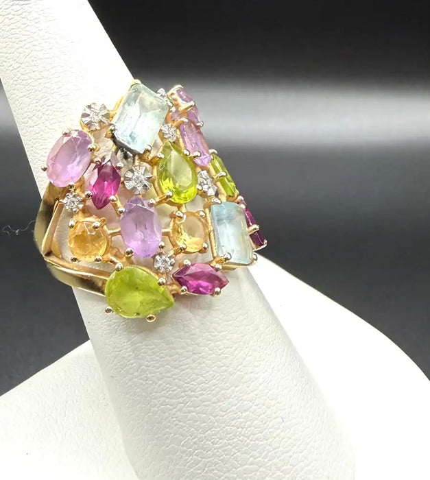 Multi-Gemstone 18K Gold Statement Cocktail Ring, Aquamarine Peridot Amethyst