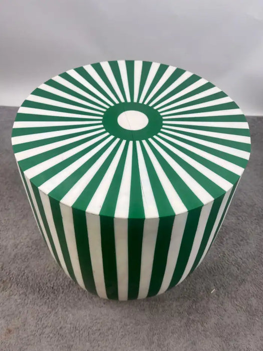 Art Deco Style Green & White Cylindrical Resin Side, End Table or Stool, a Pair