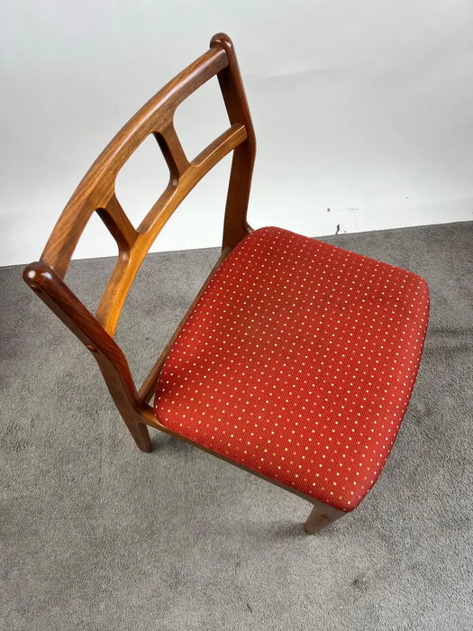 Danish Mid-Century Modern Teak Dining Chairs w Rust Red Dotted Upholstery, Set 6
