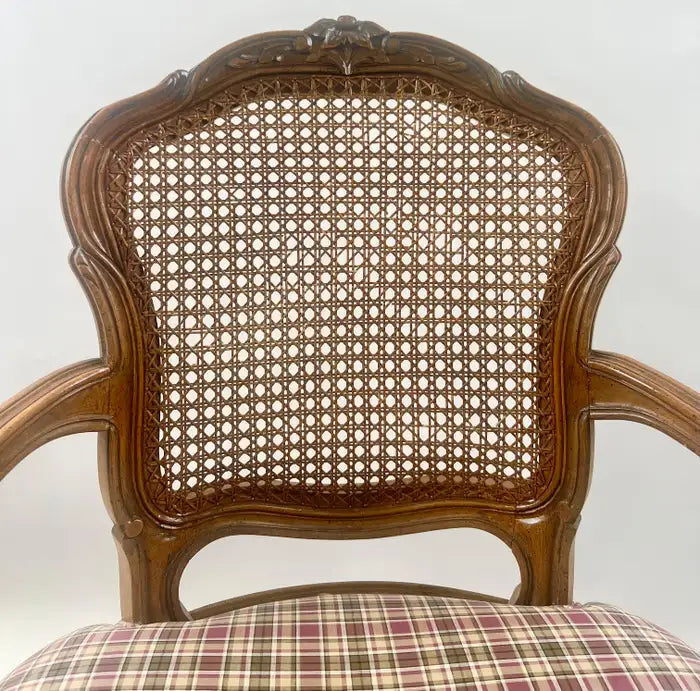 French Provincial Louis XV Style Cane Back with Plaid Upholstery Chair, a Pair
