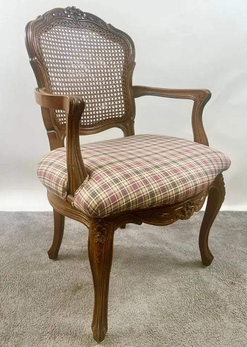 French Provincial Louis XV Style Cane Back with Plaid Upholstery Chair, a Pair