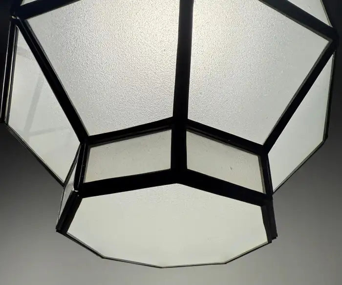 Art Deco Style Frosted White Milk Glass & Bronze Octagonal Pendant, a Pair
